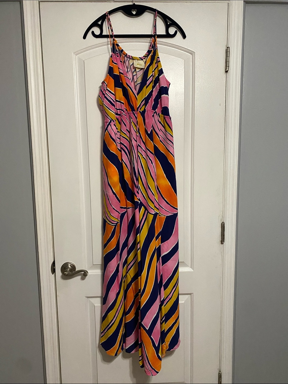Maeve Striped Spaghetti‑Strap Jumpsuit in Pink, Orange, Navy & Yellow